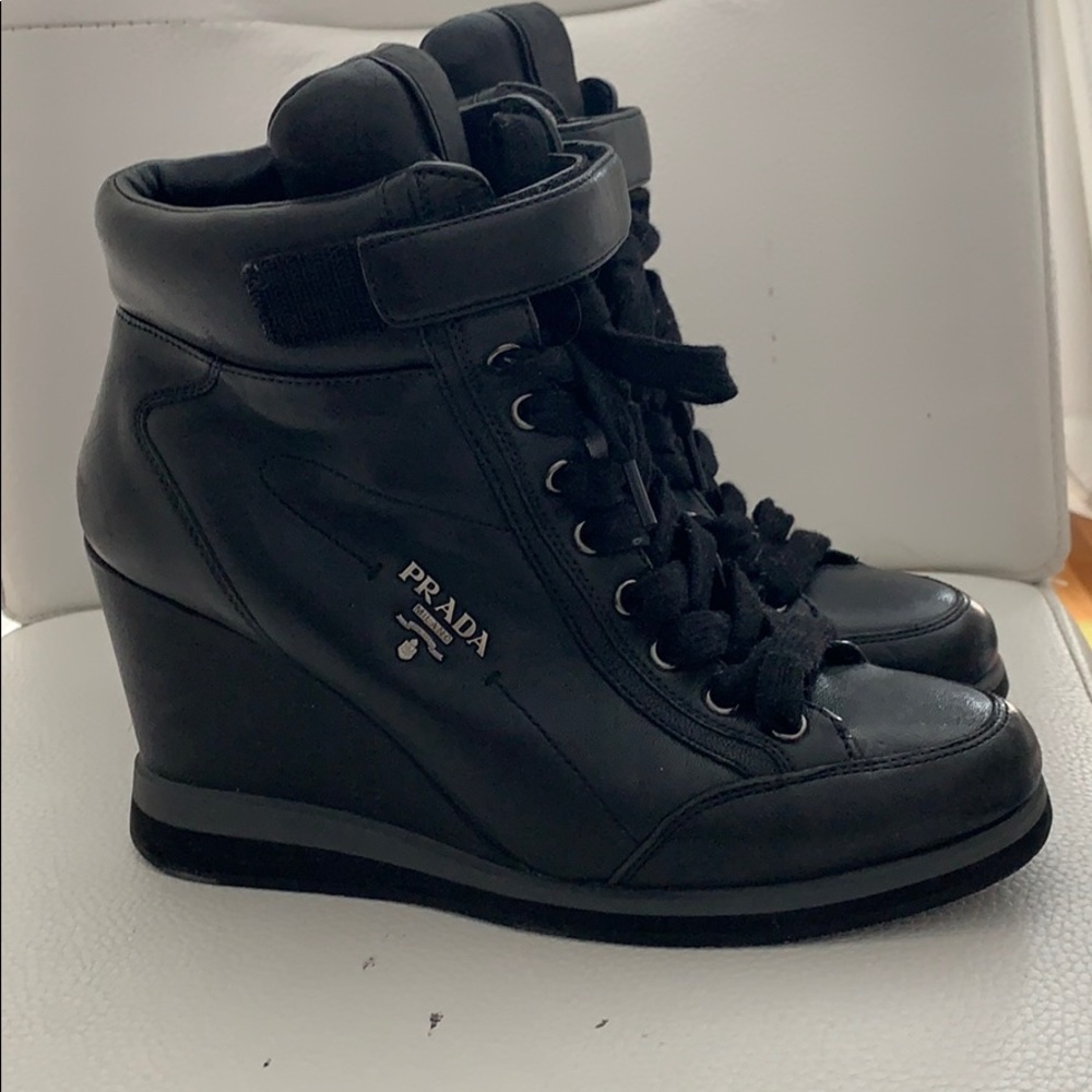 Prada Sport Black Leather High Top Wedge Sneakers
